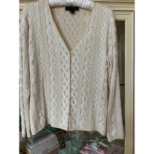 Women's ST. JOHN Beige White Sequin Beaded Cardigan XL